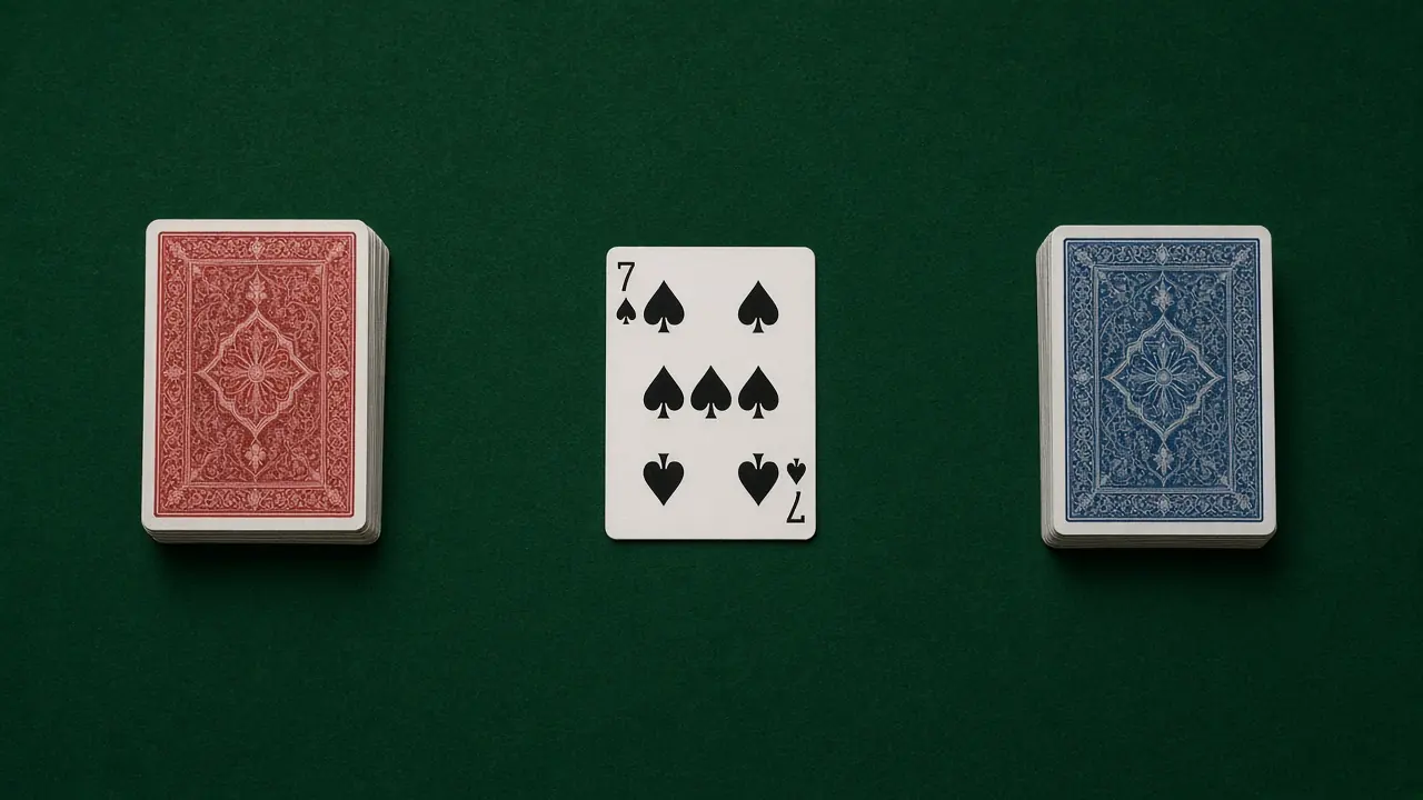 Two card piles on a LakhBet Andar Bahar card.