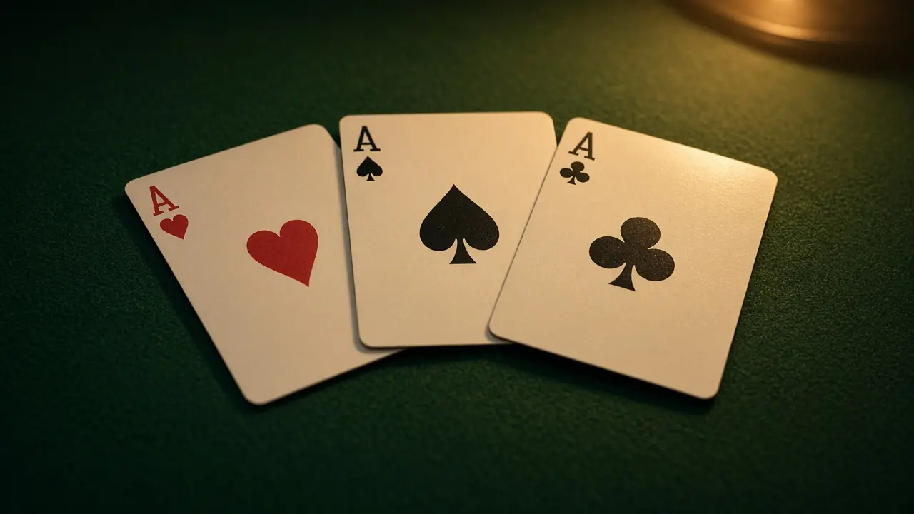 Three cards on a LakhBet Teen Patti card.